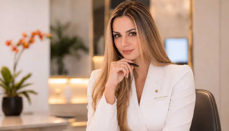 Retrato da Dra. Carla Merlo, cirurgiã-dentista da Oral VIP Odontologia, na recepção da clínica