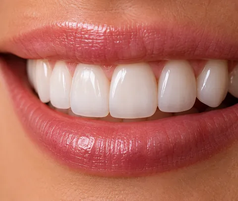 Sorriso com facetas de porcelana em dentes superiores, com aspecto natural