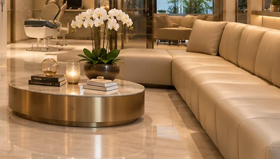 Sala de espera com sofá de couro bege e mesa de centro dourada