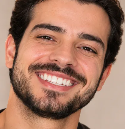 Paciente de barba sorrindo após transformação do sorriso